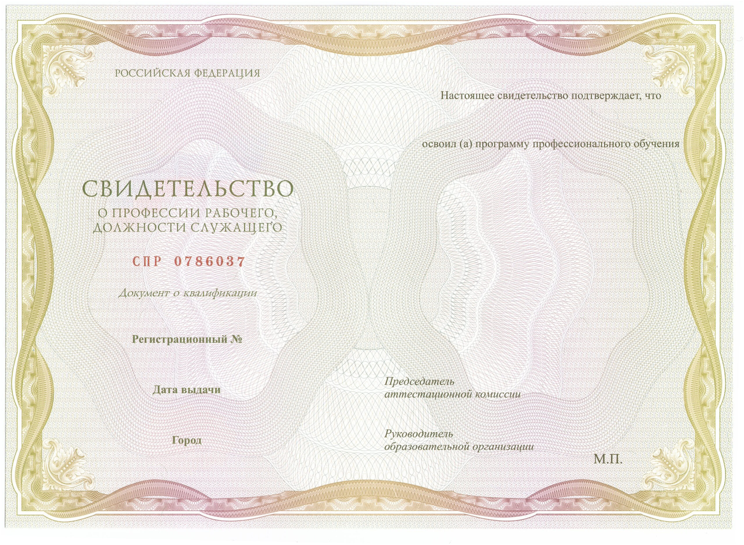 Свидетельство о профессии рабочего, должности служащего